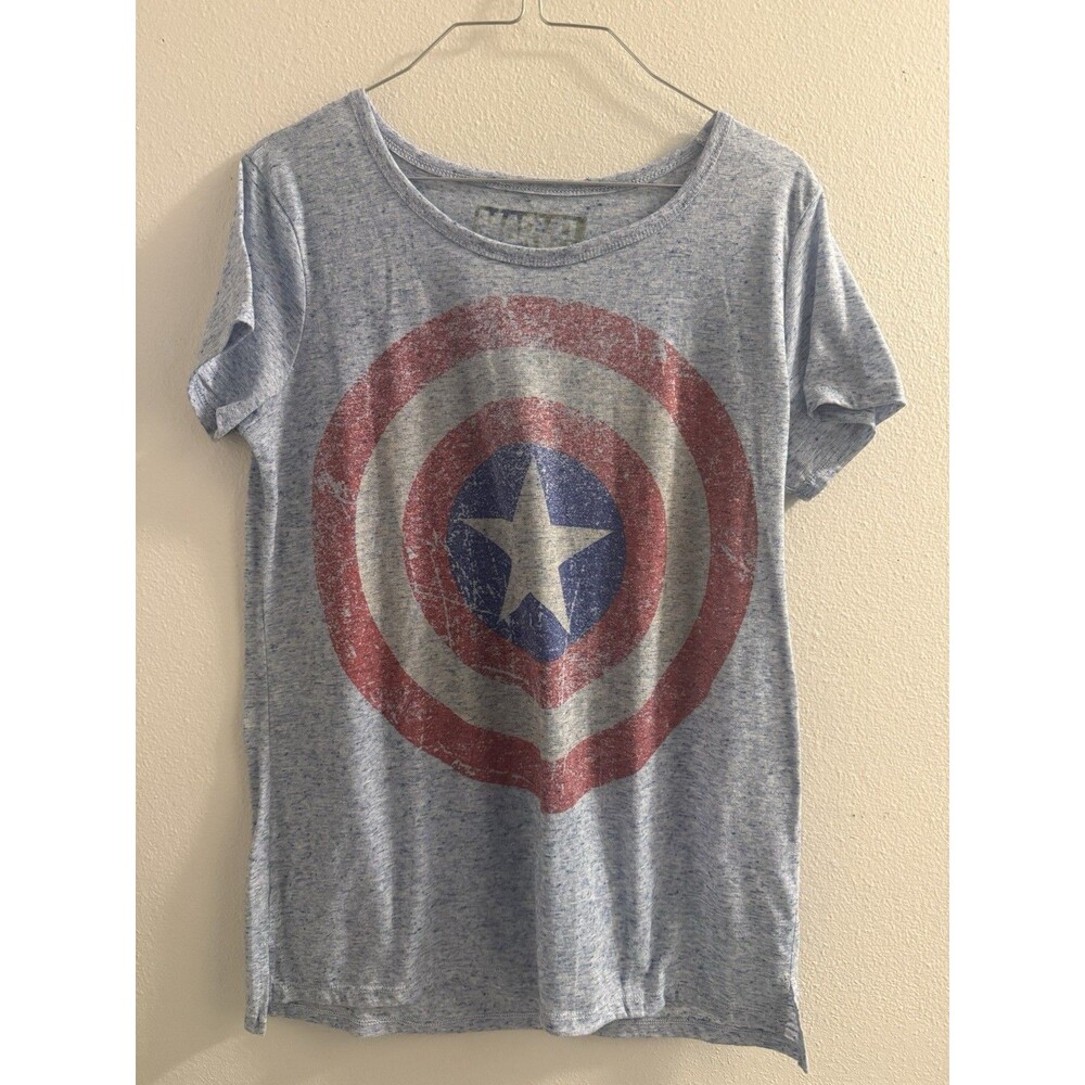 Captain America Graphic T Shirt Blue Red Shield Star Short Sleeve Women’s